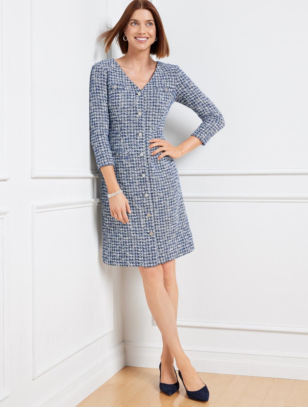 Talbots NWT Sz 14 Smile Tweed A-Line Dress Blue White Black Silver Buttons
